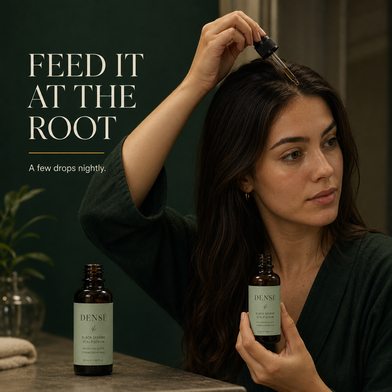 Applying the Densé Black Sesame Scalp Serum directly at the root