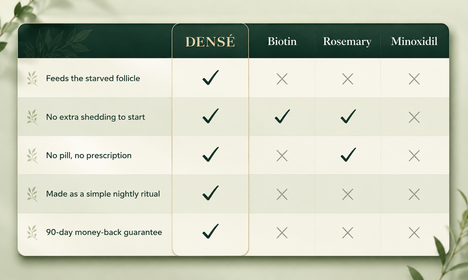 Densé compared to Biotin, Rosemary, and Minoxidil — feeds the starved follicle, no extra shedding, no pill or prescription, simple nightly ritual, 90-day money-back guarantee.