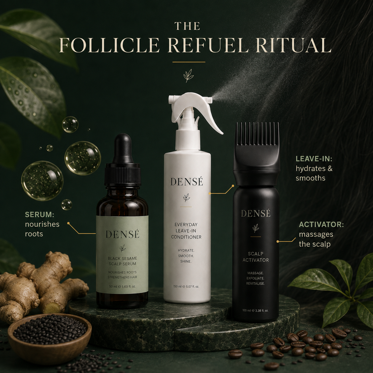 The Follicle Refuel Ritual with serum, leave-in conditioner, and scalp activator